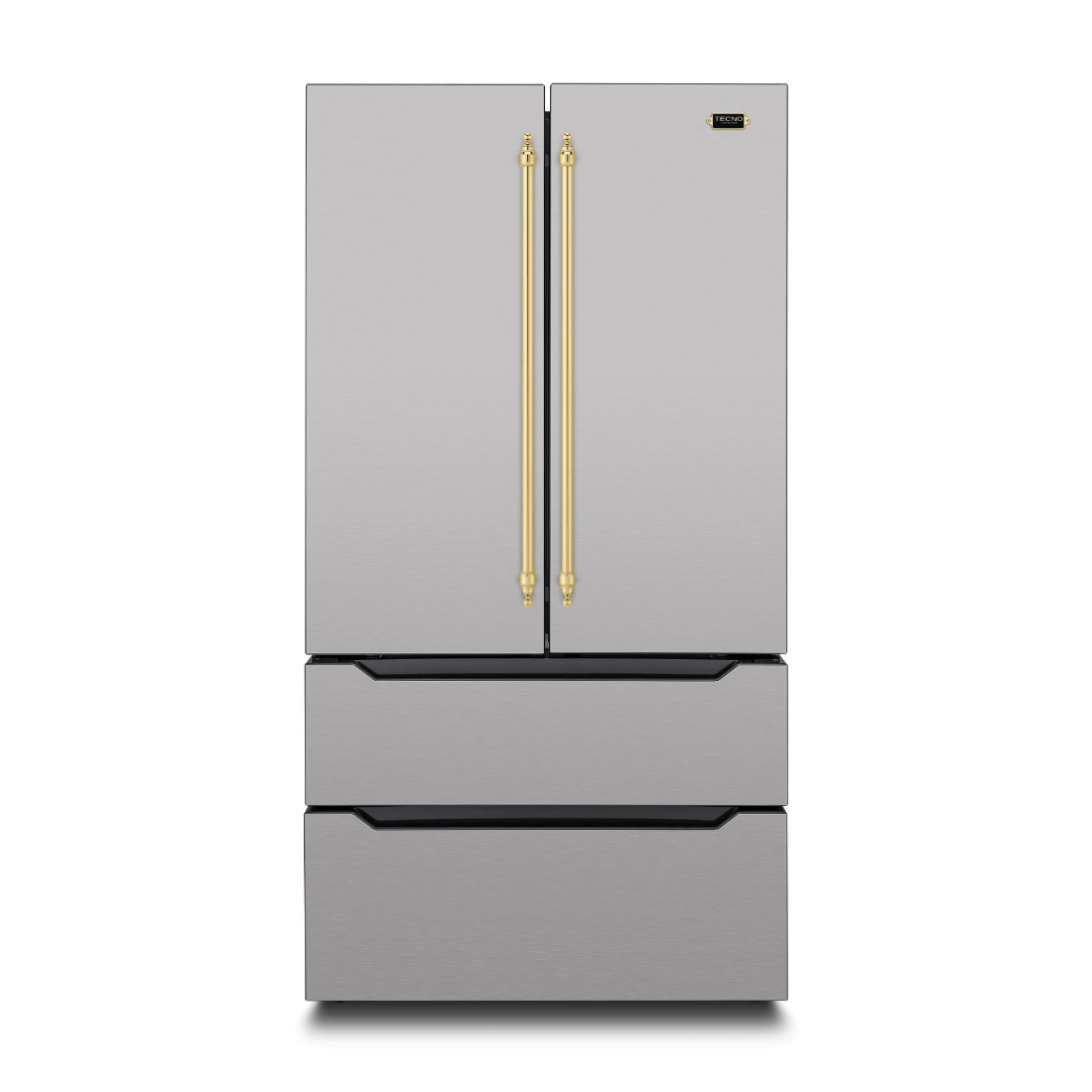 Refrigerador Tecno Vintage French Door 636L inox com puxadores em latão polido e design elegante.